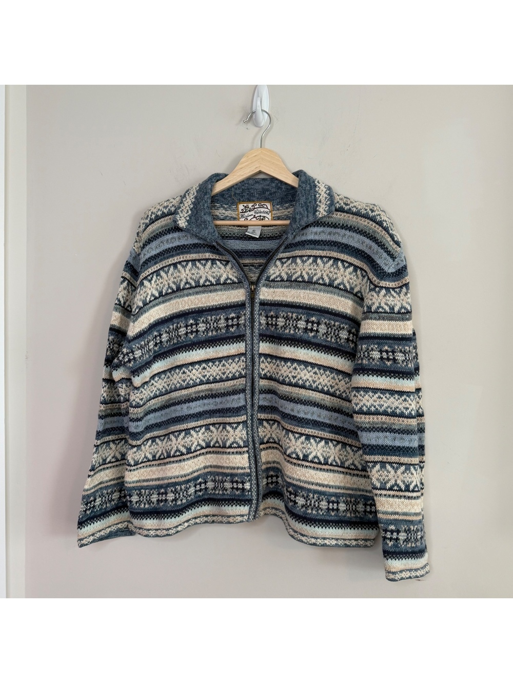 Y2K Blue Fair Isle Nordic Zip Sweater Jacket Snowflake Cabin Ski Style